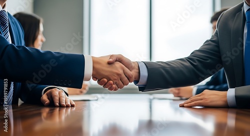 Two professionals seal an agreement with a handshake across a polished conference table.
