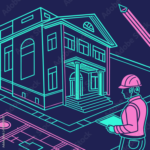 Architect engineer with hard hat designing modern house with building plans illustration line art real estate architect engineer building construction blueprint architecture professional