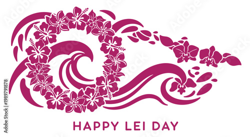 Elegant monochrome lei day design featuring a flowing garland of hibiscus and orchids, creating a stylish and traditional hawaiian greeting in a rich magenta hue.