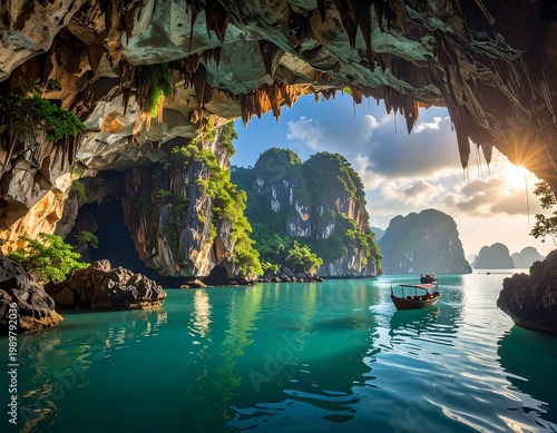 Stunning vista framed by an arched cavern, showcasing a tranquil body of water, green mountains, and a small boat at sunrise