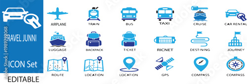 Travel jinni, taxi, location, car rental, compass on white background