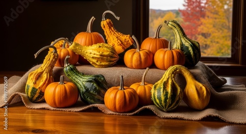 Autumn Harvest of Decorative Pumpkins and Gourds