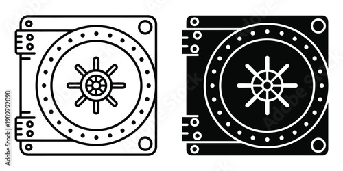 Linear icon bank vault closed entrance featuring heavy armored door combination lock and security screw handle, minimal monochrome vector illustration representing financial security and protection.