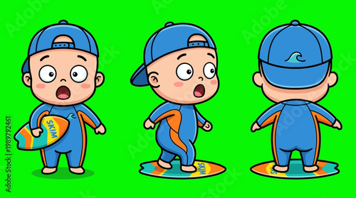 Cartoon Surfer Baby with Surfing Board on Green Screen