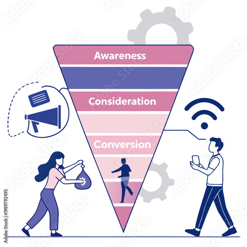Marketing sales funnel infographic illustration showing customer journey stages of awareness consideration and conversion with marketing awareness consideration conversion business strategy