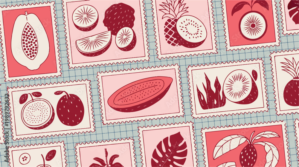 Naklejka premium Tropical Fruit Pattern with Postage Stamp Frames in Pink and Red Flat Vector Illustration