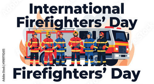 Professional firemen in uniform standing in front of fire trucks with burning flames background, heroic first responders character group for public safety service and emergency awareness.