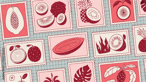 Tropical Fruit Pattern with Postage Stamp Frames in Pink and Red Flat Vector Illustration