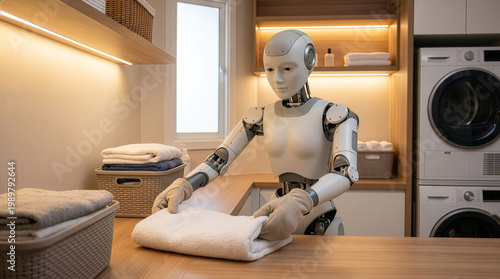 Humanoid Robot Folding Laundry Towels in Modern Utility Room with Washing Machine Domestic AI Assistant Doing Household Chores Concept Photography
