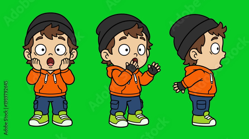 Cartoon Boy Showing Shocked Expressions Against Green Screen