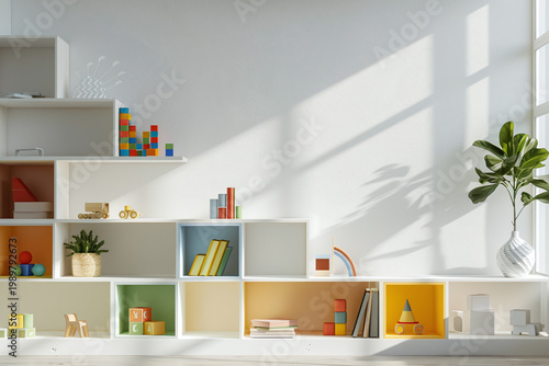 Pastel playroom with geometric bookcase filled with plush toys, books and plants. Nursery interior with floor-to-ceiling geometric shelving unit. Kindergarten playroom decoration background.