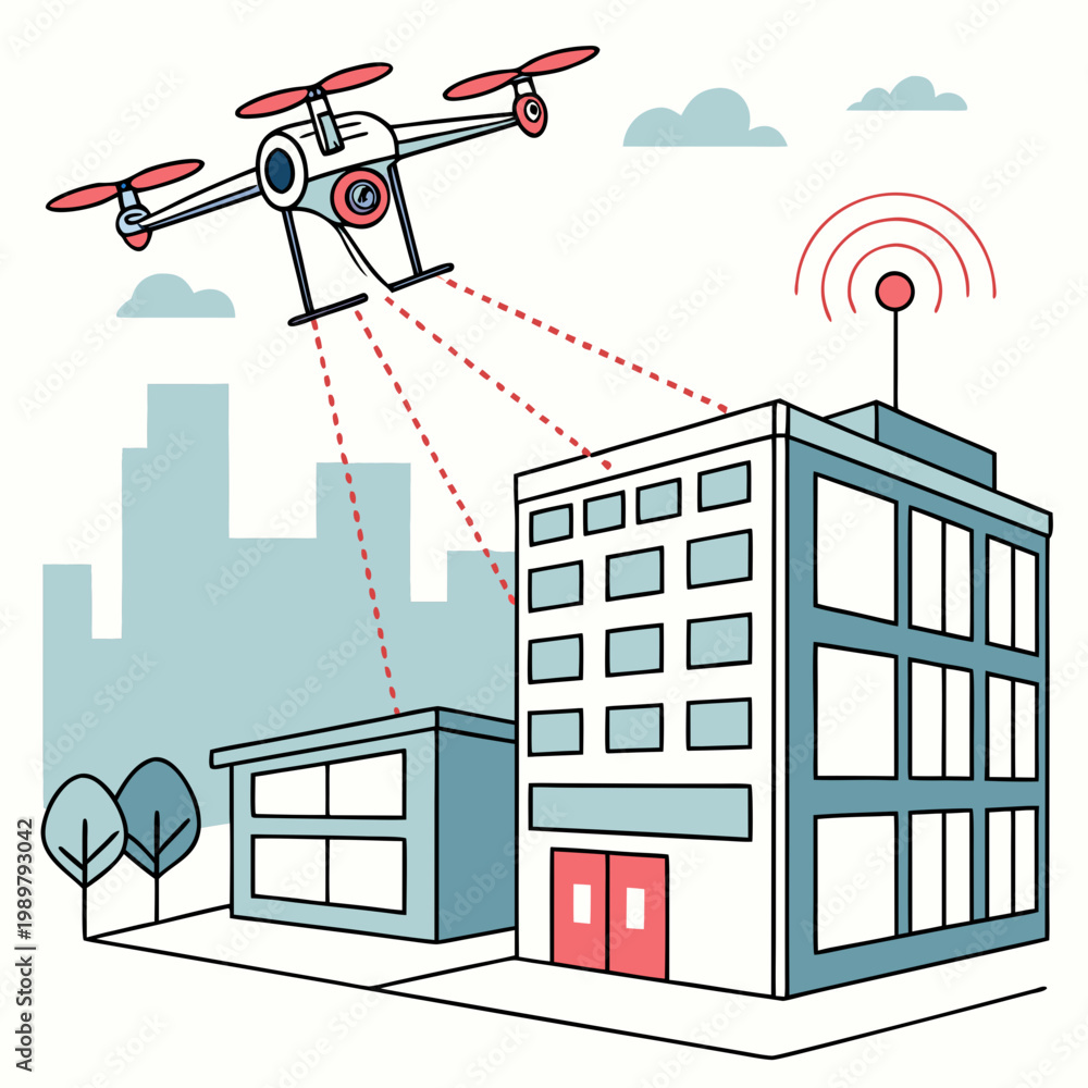Fototapeta premium Drone scanning and smart surveillance of city buildings illustration with real estate scanning surveillance building technology infrastructure wireless communication monitoring engineering