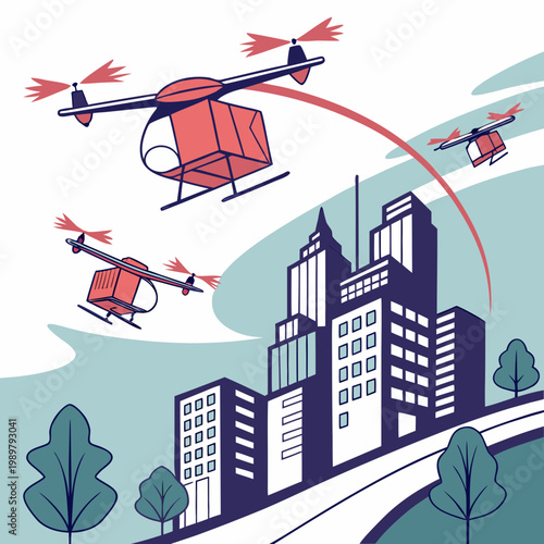 Autonomous drone delivery service over city skyline illustration with delivery shipping logistics transport autonomous technology business commerce innovation buildings architecture