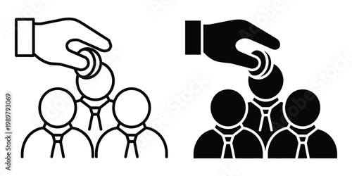 Linear icon HR manager hand choosing best candidate for job vacancy, minimal monochrome vector illustration showing talent selection and human resource recruitment concept.