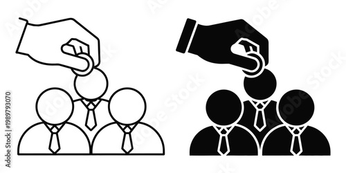 Linear icon HR manager hand choosing best candidate for job vacancy, minimal monochrome vector illustration showing talent selection and human resource recruitment concept.