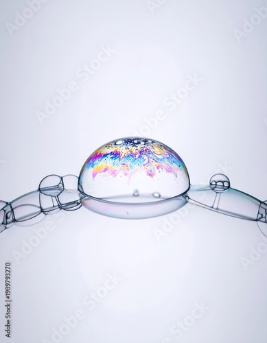 Cluster of iridescent soap bubbles connected in fragile network atop a light surface
