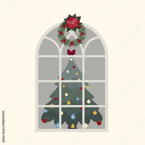 Christmas Card. Christmas wreath for window. A Christmas tree with toys and a bow. 