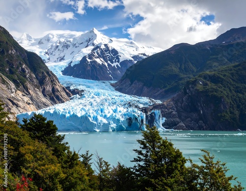 Stunning vista of glacier carving through mountains, turquoise water below, green trees frame the view, snow capped peak in background