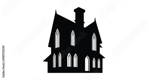 Dark gothic house with pointed arches and detailed windows silhouette