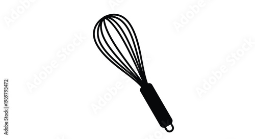 A simple black kitchen whisk isolated against a white backdrop silhouette