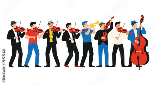 Professional performers playing violin trumpet and double bass. Artistic characters in flat style performing live music on stage. Orchestral group wearing stylish hats and suits for concert show.
