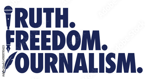 Professional journalism concept with truth freedom and journalism text. Creative design featuring microphone and fountain pen icons representing integrity and media ethics in news reporting.