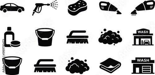 car wash icon set, black silhouette symbols