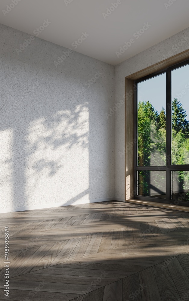 Obraz premium Modern minimalist interior with a large window and leaf shadows