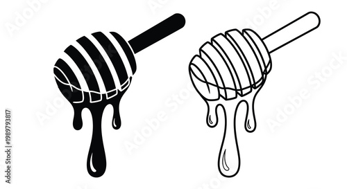 Two honey dippers with dripping honey a striking black silhouette