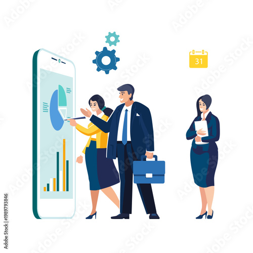 Vector illustration. Business, mobile app. Team of business people are negotiating a deal, working together for success. Solving financial issues, Dollar gold coins. Ethnicity, African Americans
