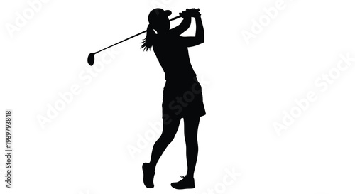 Female golfer swinging a club with a dynamic pose silhouette