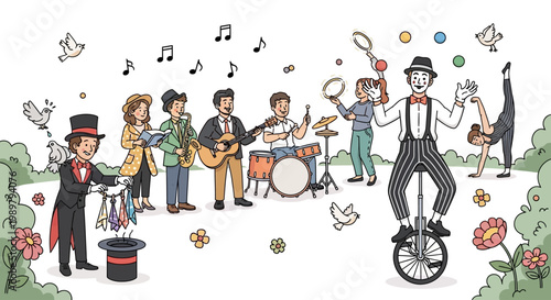 Cartoon circus performer on unicycle balancing.