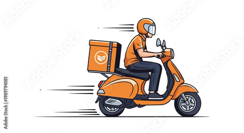 Man riding orange motor scooter fast.