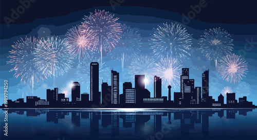 Fireworks exploding over city skyline at night with beautiful colorful lights