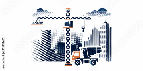 Construction site illustration featuring a crane truck and city skyline