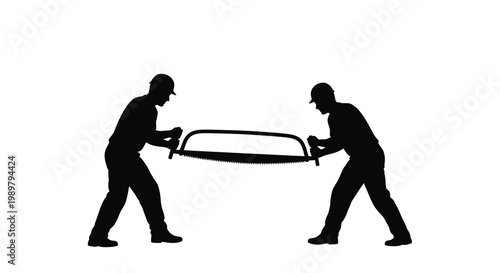 Two men sawing wood together a striking black silhouette