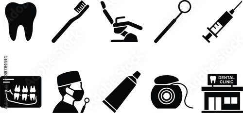 Dental care icons set including tooth, brush, syringe, clinic