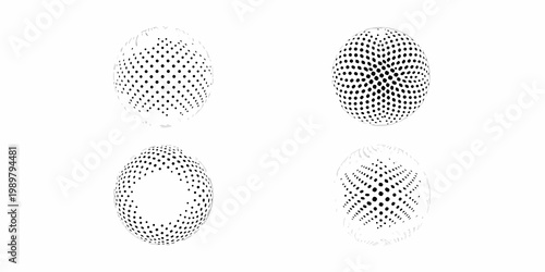 Four black and white spherical illusions with repeating dot patterns