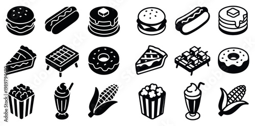 Food icons with burger hot dog pancakes flat style