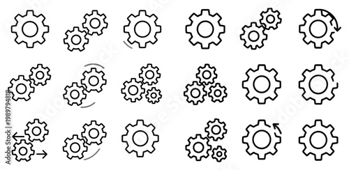Gear icons with cog wheel rotation and arrow technical outline style