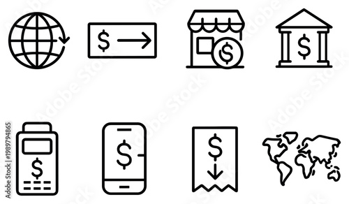 Finance icons with globe bank receipt outline