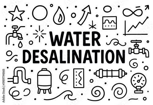 Water desalination icons with faucet filter tank minimal outline style