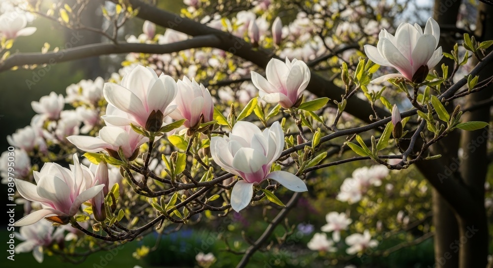 Fototapeta premium Magnolia Tree Blossoms in Spring Sunlight