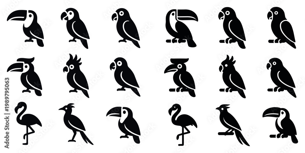 Fototapeta premium Tropical bird icons with toucan parrot flamingo silhouette style