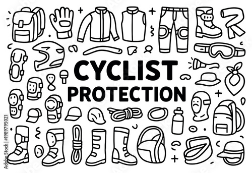 Cyclist protection icons with helmet boots gloves outline style