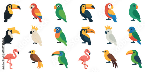 Tropical icons with toucan parrot flamingo flat colorful