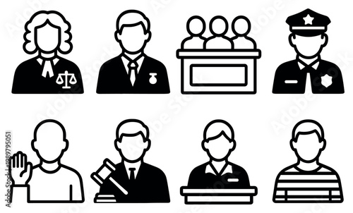 Legal icons with judge gavel jury clean outline