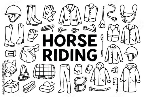 Horse riding icons with helmet saddle boots outline handdrawn