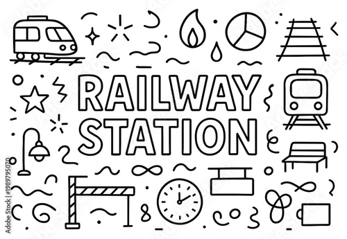 Railway station icons with train track clock line outline