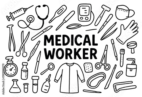 Medical icons with stethoscope syringe lab coat minimal outline